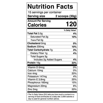 15 servings per container Serving size 2 scoops (30g) Amount Per Serving 120 * Total Fat 3.5g 4% Saturated Fat 2g 10% Trans Fat 0g  Cholesterol 0mg 0% Sodium 230mg 10% Total Carbohydrate 7g 3% Dietary Fiber 1g 4% Total Sugars 3g Includes 2g Added Sugars 4% Protein 16g 23% Vitamin D 0mcg 0%   Calcium 10mg 0% Iron 4mg 20% Potassium 147mg 4% Vitamin E 3.8mg 25% Phosphorus 160mg 15% Magnesium 22mg 6% Zinc 2mg 20%