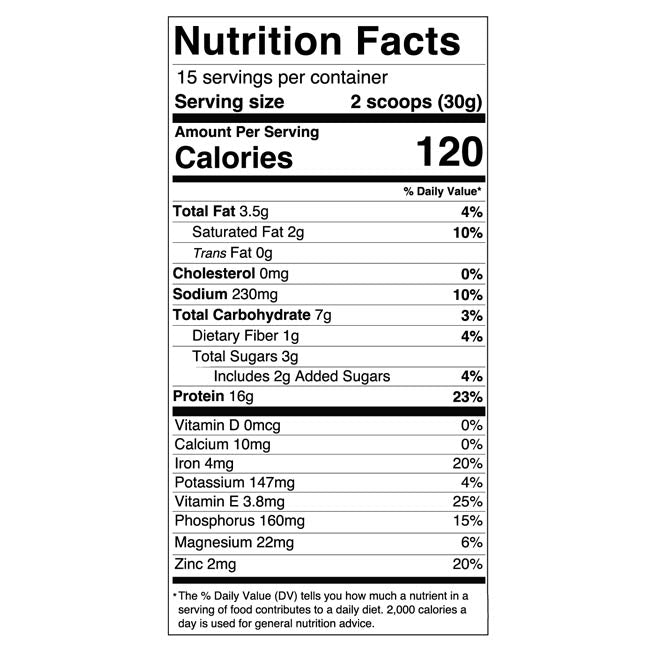 15 servings per container Serving size 2 scoops (30g) Amount Per Serving 120 * Total Fat 3.5g 4% Saturated Fat 2g 10% Trans Fat 0g Cholesterol 0mg 0% Sodium 230mg 10% Total Carbohydrate 7g 3% Dietary Fiber 1g 4% Total Sugars 3g Includes 2g Added Sugars 4% Protein 16g 23% Vitamin D 0mcg 0% Calcium 10mg 0% Iron 4mg 20% Potassium 147mg 4% Vitamin E 3.8mg 25% Phosphorus 160mg 15% Magnesium 22mg 6% Zinc 2mg 20%