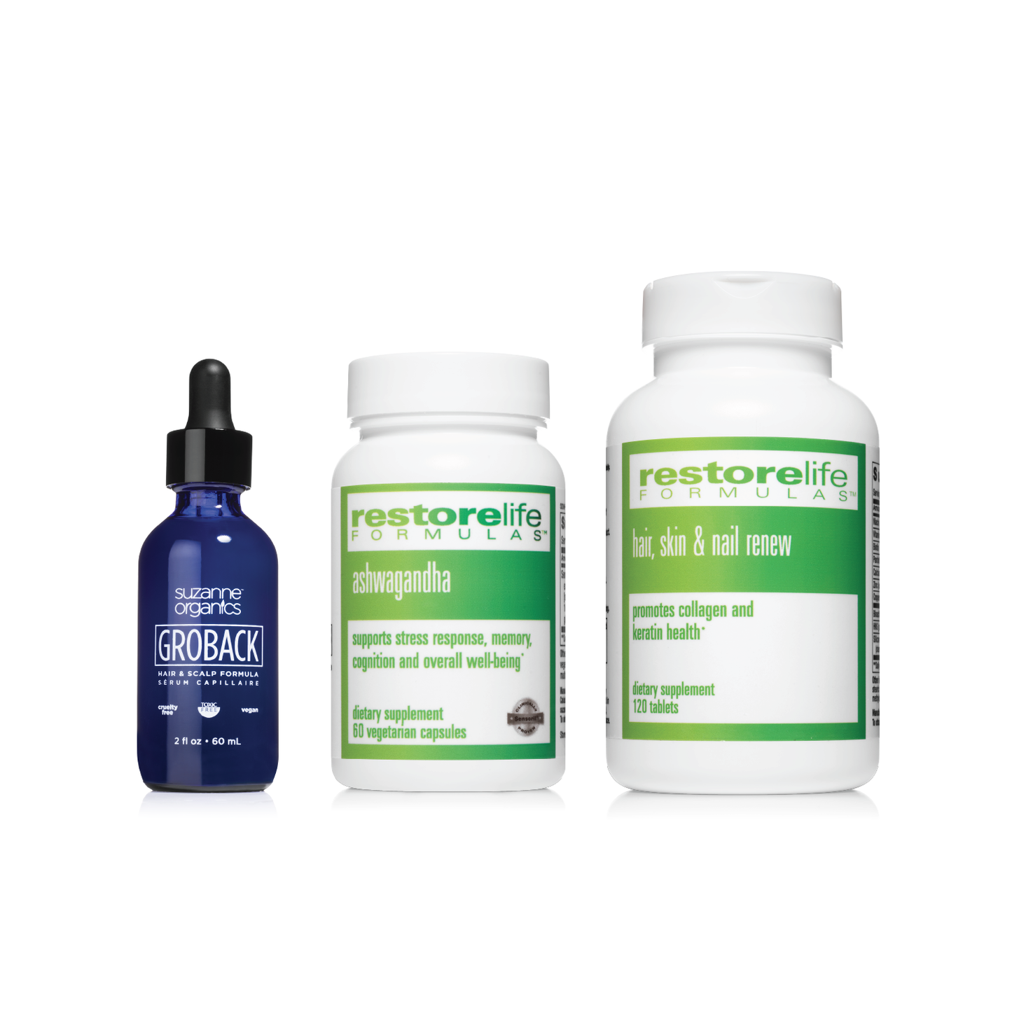 GROBACK 3-Piece Kit (Groback Hair & Scalp Formula + Hair, Skin & Nail Renew + Ashwagandha)