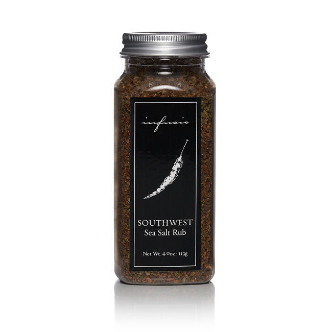 Clear glass jar of Infusio Southwest Sea Salt Rub