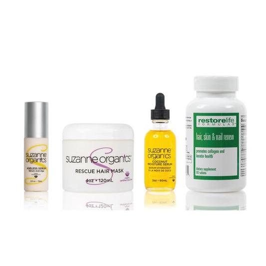 hair skin nail supplement bottle, ageless serum bottle, rescued hair mask, and coconut moisture serum