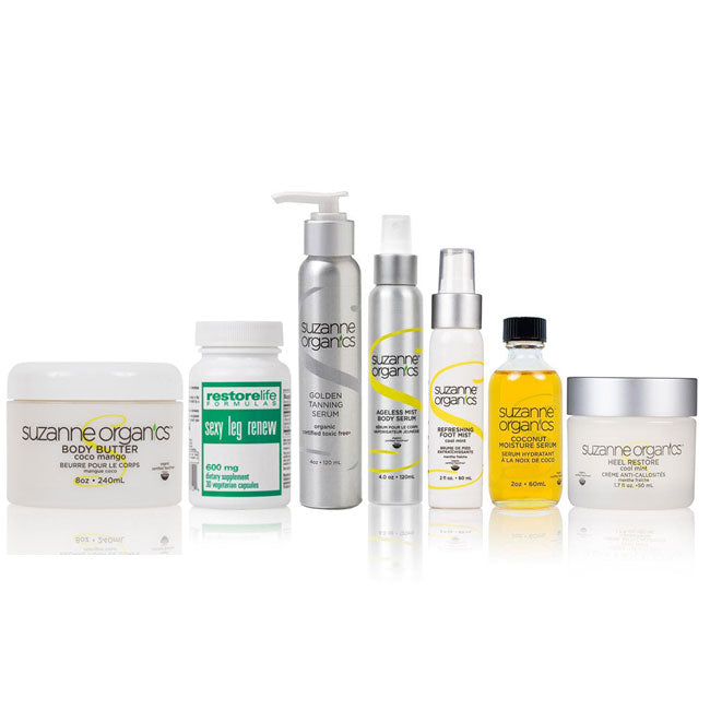 Skincare - SUZANNE Organics 7-Piece Sexy Leg and Feet Kit - SUZANNE Organics Refreshing Foot Mist, SUZANNE Organics Heel Restore, SUZANNE Organics Coconut Moisture Serum, SUZANNE Organics Golden Tanning Serum, SUZANNE Organics Ageless Body Spray, SUZANNE