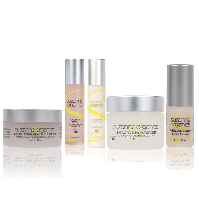 Skincare - SUZANNE Organics 5-Piece Summer Glow Skincare Kit - SUZANNE Organics Bioactive Moisturizer (1oz) SUZANNE Organics Ageless Serum (1oz) SUZANNE Organics Everyday Facial Cleanser (4oz) SUZANNE Organics Calming Toner (4oz) SUZANNE Organics Exfolia