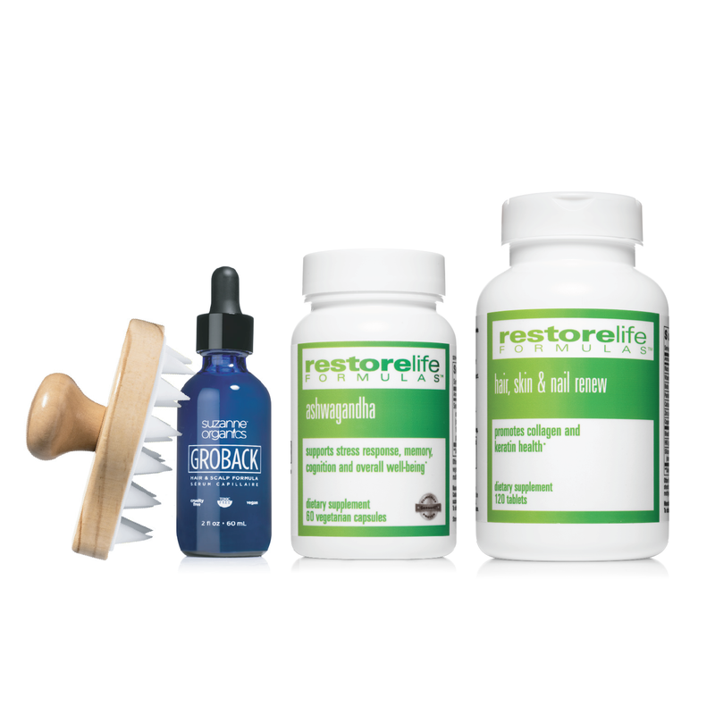 GROBACK 3-Piece Kit (Groback Hair & Scalp Formula + Hair, Skin & Nail Renew + Ashwagandha + Free Scalp Massager)