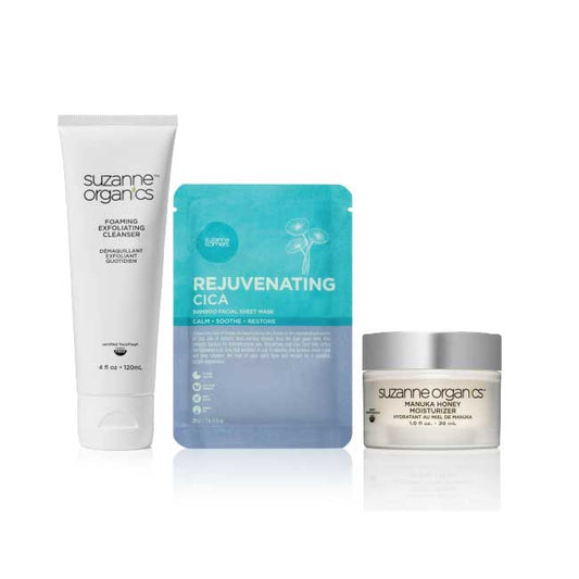 Foaming Exfoliating Cleanser + Cica Sheet Mask + Manuka Honey Moisturizer