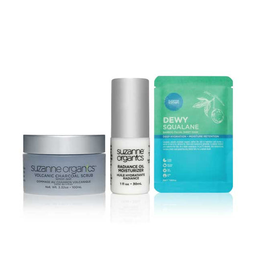 Volcanic Scrub + Squalane Sheet Mask + Radiance Oil Moisturizer