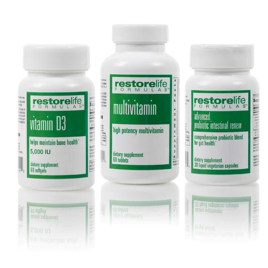a collection of three bottles of supplements, including vitamin D3, multivitamin, and advanced probiotic intestinal renew