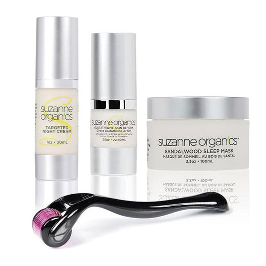 Skincare - SUZANNE Organics 4-Piece Nighttime Skin Regenerating Kit - Glutathione Skin Reform Serum (regular price $69.99) Targeted Night Cream (regular price $54.99) Sandalwood Sleep Mask (regular price $49.99) Micro Needle Roller (regular price $19.99)