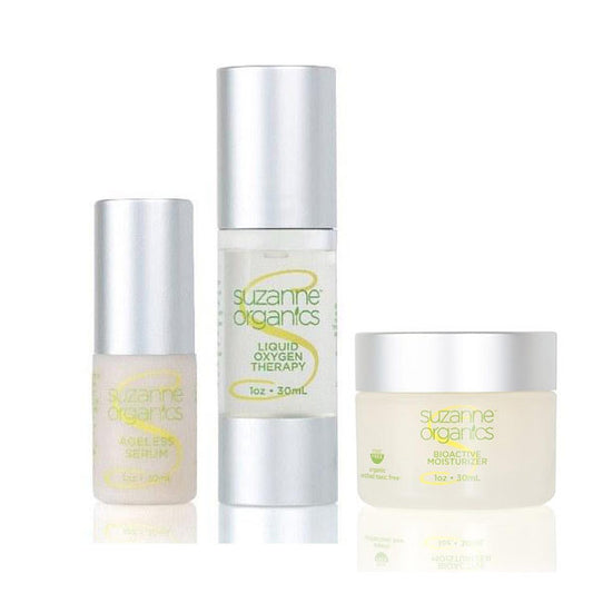 SUZANNE Organics 3-Piece Bestsellers Skincare Kit - Ageless Serum, Bioactive Moisturizer, and Liquid Oxygen Facial Serum