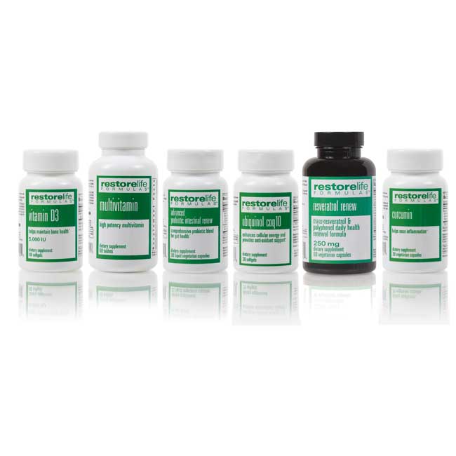 a collection of six bottles, including vitamin d3, multivitamin, advanced probiotic intestinal renew, ubiquinal, resveratral, and curcumin.