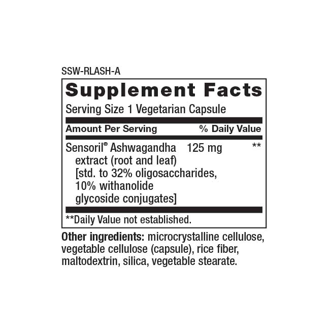 Supplement Facts Serving Size 1 Vegetarian Capsule Amount Per Serving % Daily Value Sensoril® Ashwagandha 125 mg extract (root and leaf) [std. to 32% oligosaccharides, 10% withanolide glycoside conjugates] ** **Daily Value not established. Other ingredients: microcrystalline cellulose, vegetable cellulose (capsule), rice fiber, maltodextrin, silica, vegetable stearate.
