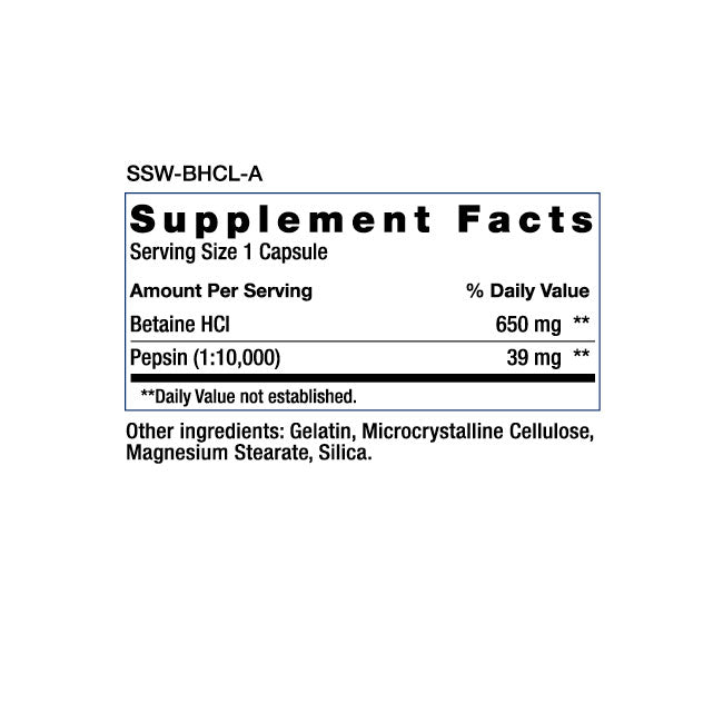 Supplement Facts Serving Size 1 Capsule Amount Per Serving % Daily Value Betaine HCI 650 mg **  Pepsin (1:10,000) **Daily Value not established.  39 mg *"  Other ingredients: Gelatin, Microcrystalline Cellulose, Magnesium Stearate, Silica. 