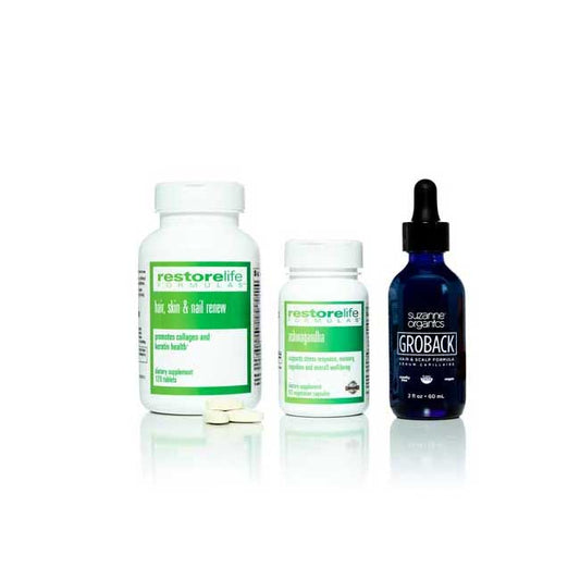 GROBACK 3-Piece Kit (Groback Hair & Scalp Formula + Hair, Skin & Nail Renew + Ashwagandha)