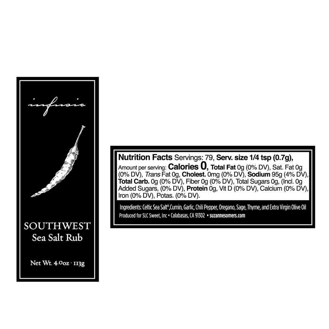 Nutrition Facts Servings: 79, Serv. size 1/4 tsp (0.7g), Amount per serving: Calories 0, Total Fat Og (0% DV), Sat. Fat Og (0% DV), Trans Fat Og, Cholest. 0mg (0% DV), Sodium 95g (4% DV), Total Carb. Og (0% DV), Fiber Og (0% DV), Total Sugars Og, (Incl. Og Added Sugars, (0% DV), Protein Og, Vit D (0% DV), Calcium (0% DV), Iron (0% DV), Potas. (0% DV).  Ingredients: Celtic Sea Salti,Cumin, Garlic, Chili Pepper, Oregano, Sage, Thyme, and Extra Virgin Olive Oil 