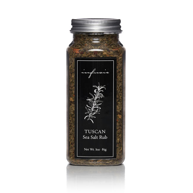 Clear glass jar of Infusio Tuscan Sea Salt Rub