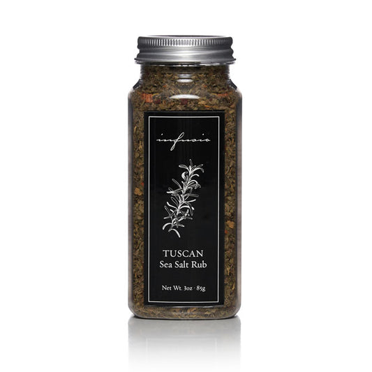 Clear glass jar of Infusio Tuscan Sea Salt Rub