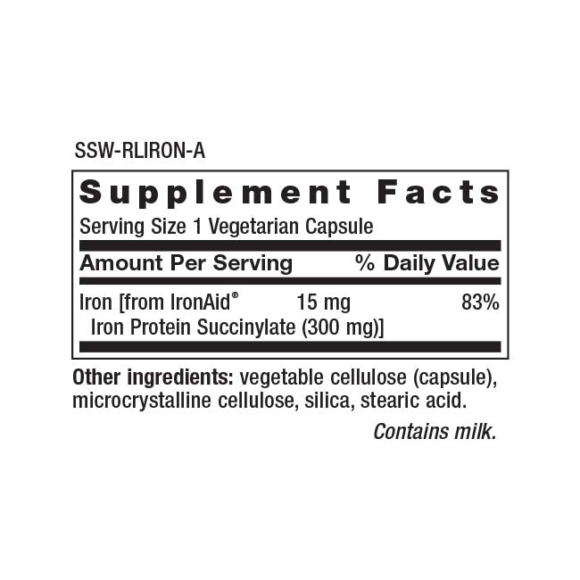 Supplement Facts Serving Size 1 Vegetarian Capsule Amount Per Serving % Daily Value Iron [from IronAid® 15 mg Iron Protein Succinylate (300 mg)] 83%