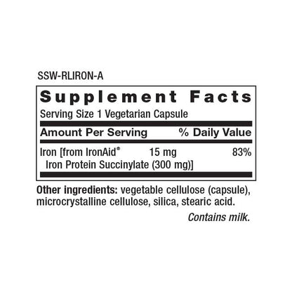 Supplement Facts Serving Size 1 Vegetarian Capsule Amount Per Serving % Daily Value Iron [from IronAid® 15 mg Iron Protein Succinylate (300 mg)] 83%