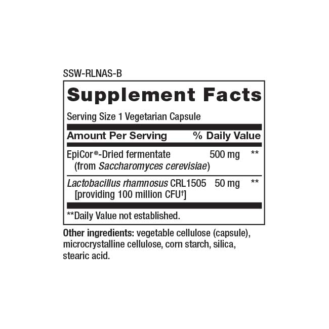 SSW-RLNAS-B Supplement Facts Serving Size 1 Vegetarian Capsule Amount Per Serving % Daily Value EpiCor®-Dried fermentate 500 mg (from Saccharomyces cerevisiae) Lactobacillus rhamnosus CRL1505 50 mg providing 100 million CFUt **Daily Value not established. Other ingredients: vegetable cellulose (capsule) microcrystalline cellulose, corn starch, silica stearic acid.