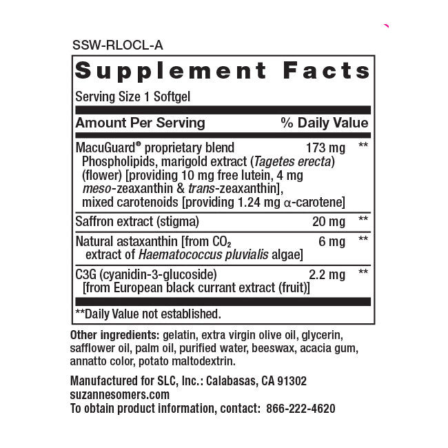 supplement facts serving size 1 soft gel 173 mg macuguard proprietary blend 20 mg saffron extract 6mg astazanthin 2.2mg C3G