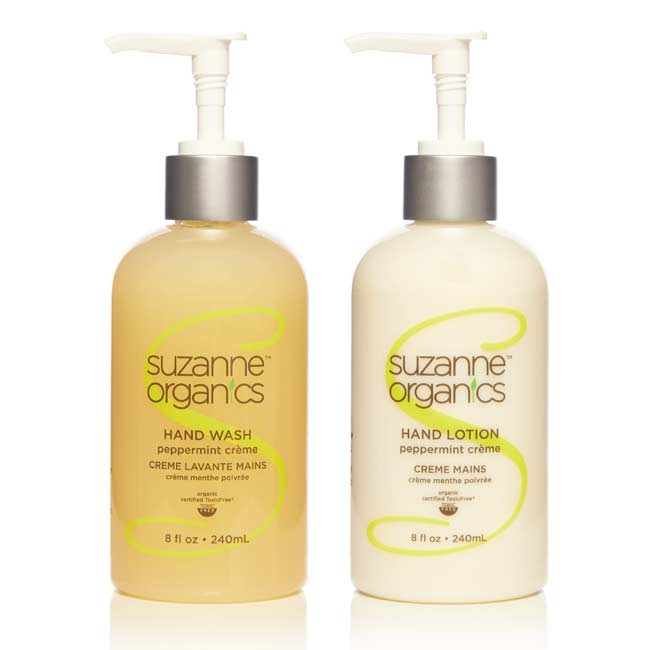 one 8 fl oz bottle of peppermint creme hand wash and one 8 oz bottle of peppermint creme hand lotion