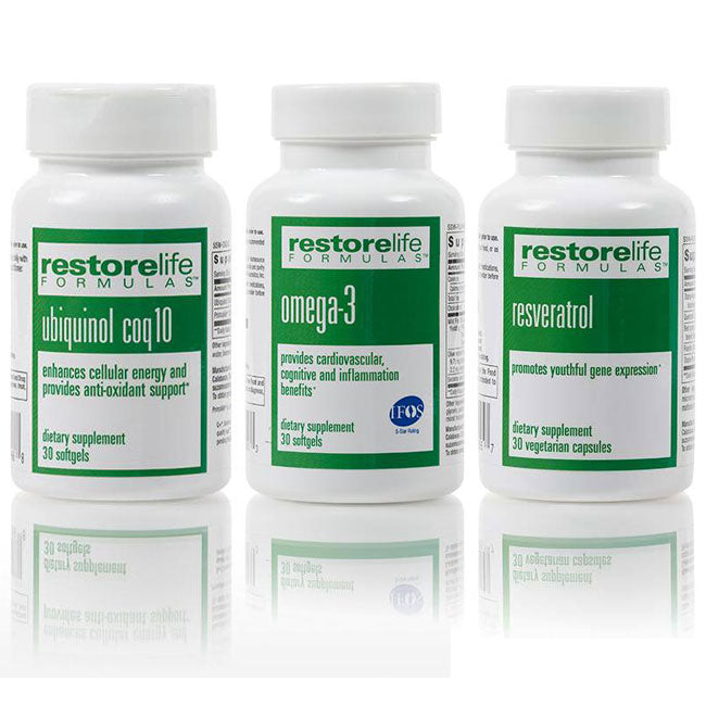 RestoreLife Essential Starter Supplement Kit - • Omega-3 • Resveratrol • Ubiquinol CoQ10