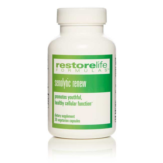 white bottle of senolytic renew with green label 38 capsules