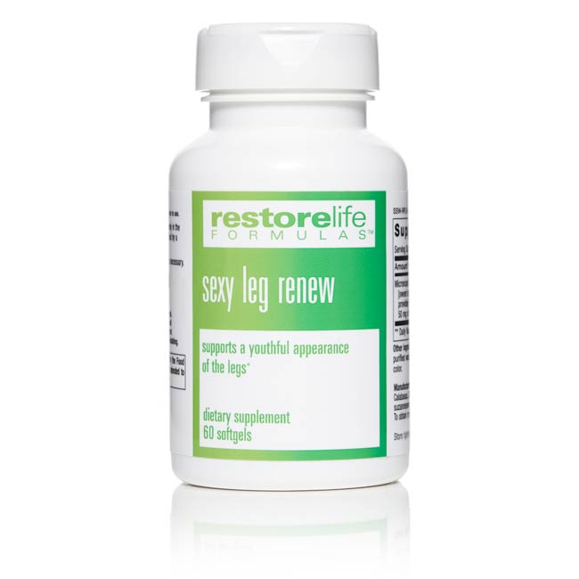 white bottle with green label which says sexy leg renew 60 softgels