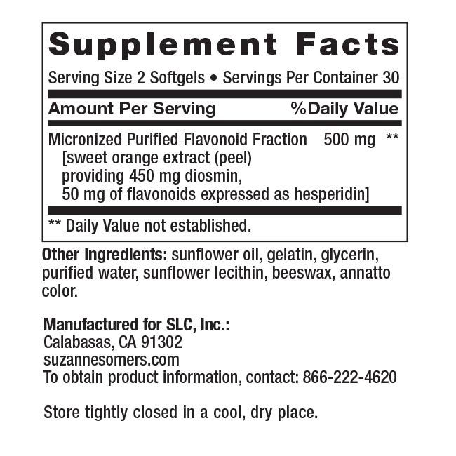 Supplement Facts Serving Size 2 Softgels • Servings Per Container 30 Amount Per Serving Daily Value not established.  Other ingredients: sunflower oil, gelatin, glycerin, purified water, sunflower lecithin, beeswax, annatto color.  Manufactured for SLC, Inc.: Calabasas, CA 91302 suzannesomers.com To obtain product information, contact: 866-222-4620  Store tightly closed in a cool, dry place. 