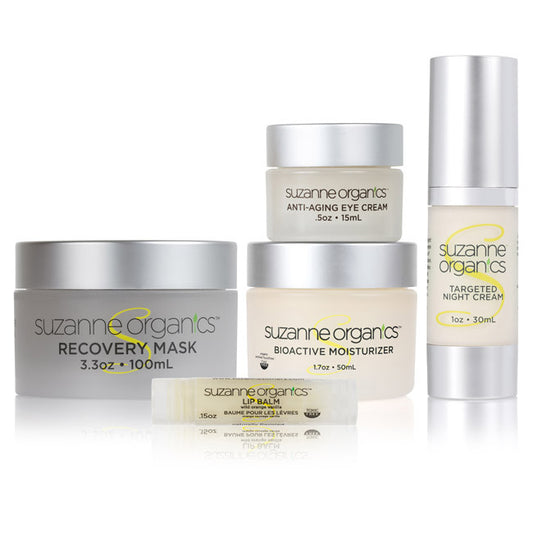 Skincare - SUZANNE Organics 5-Piece Skincare Bestsellers Bundle - Recovery Mask (3.3 oz.), Anti-Aging Eye Cream (.5 oz.), BioActive Moisturizer Bonus Size (1.7 oz.), Wild Orange Vanilla Lip Balm (.15 oz.),Targeted Night Cream (1 oz.) 