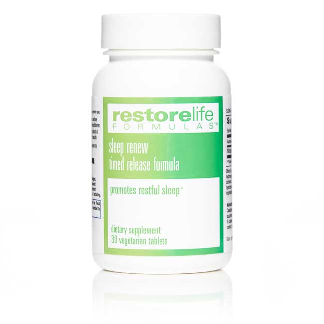 White bottle with green label of sleep renew supplement