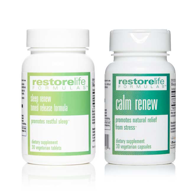 two white bottles with green labels. one for calm renew supplement and the other for sleep renew supplement