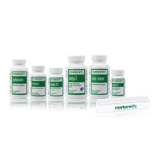 RestoreLife 7-Piece Kit - • High Potency Multivitamin Supplement - 60 tablets • Omega-3 Dietary Supplement - 60 softgels • Vitamin D3 - 60 softgels • Resveratrol Renew - 30 capsulesl • Bone Renew Dietary Supplement - 120 capsules • Vitamin K Dietary Suppl