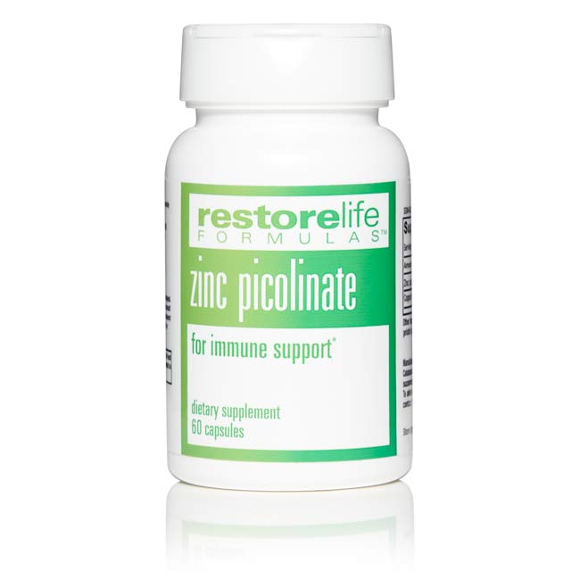 white bottle of zinc picolinate with green label. 60 capsules
