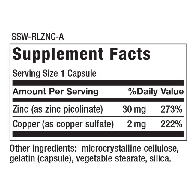 SSW-RLZNC-A Other ingredients: microcrystalline cellulose, gelatin (capsule), vegetable stearate, silica. Supplement Facts Serving Size 1 Capsule Amount Per Serving %Daily Value Zinc (as zinc picolinate) 30 mg 273% Copper (as copper sulfate) 2 mg 222%