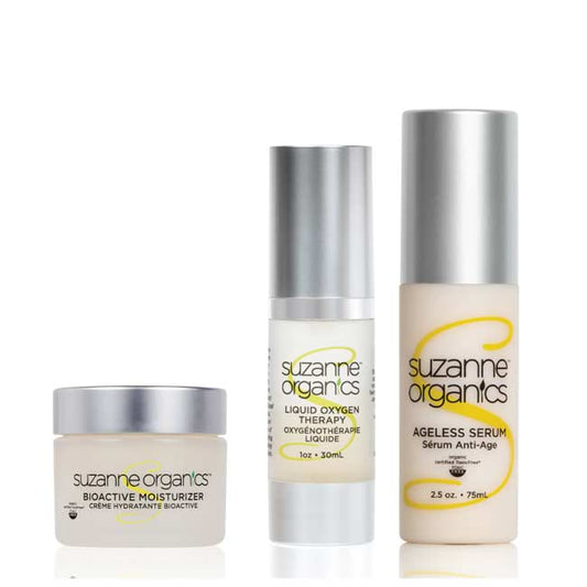 bioactive moisturizer jar, liquid oxygen bottle, and 2.5 ounce ageless serum