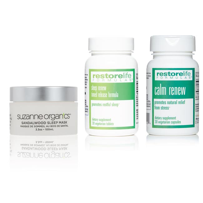 a jar of sandalwood sleep mask, a bottle of sleep renew supplement, a bottle of calm renew supplement