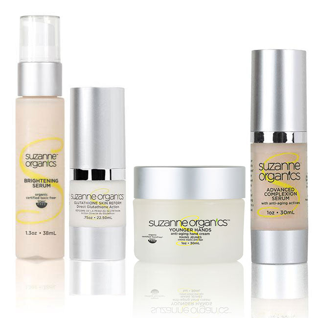 SUZANNE Organics "Out, Damn Spot!" Mega Kit -  Brightening Serum $49.99 Younger Hands Anti-Aging Hand Cream $44.99 Glutathione Skin Reform ‑ Direct Glutathione Action $69.99 Advanced Complexion Serum $39.99 