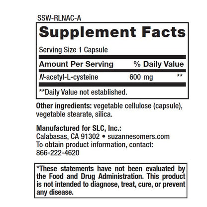 Supplement Facts Serving Size 1 Capsule Amount Per Serving % Daily Value N-acetyl-L-cysteine 600 mg ** **Daily Value not established. Other ingredients: vegetabl