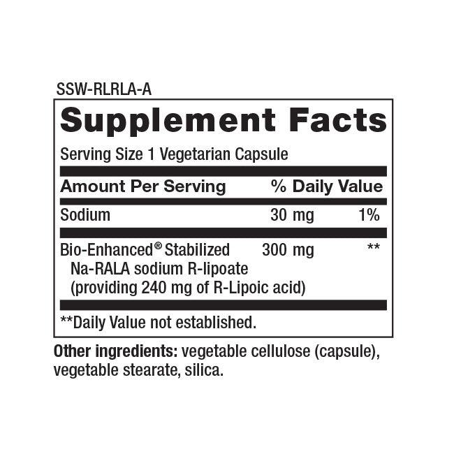 sodium 30 mg, bio-enhanced stabilized Na-RALA sodium R-lipoate 300 mg