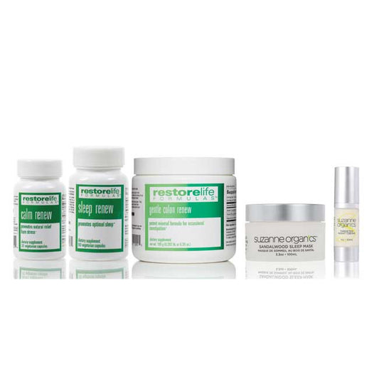 bottles of calm renew and sleep renew and gentle colon renew, sandalwood sleep mask, and targeted night cream